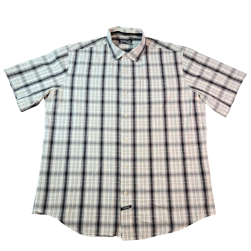 Ecko Unltd Men's XL Short Sleeve Plaid Button Down Shirt Grey White Black Cotton
